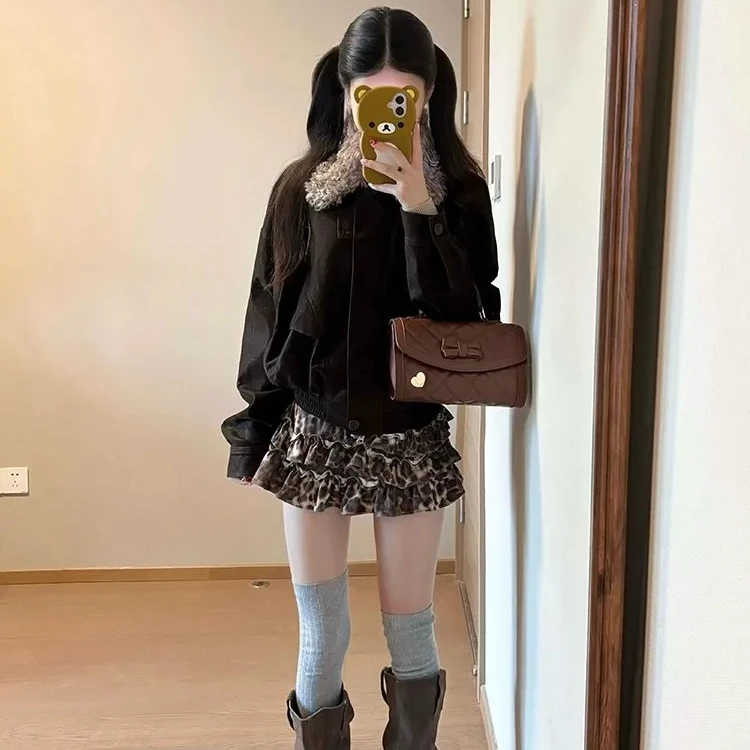 美式复古翻领宽松休闲风夹克上衣女秋冬季新款小众可拆卸毛领外套