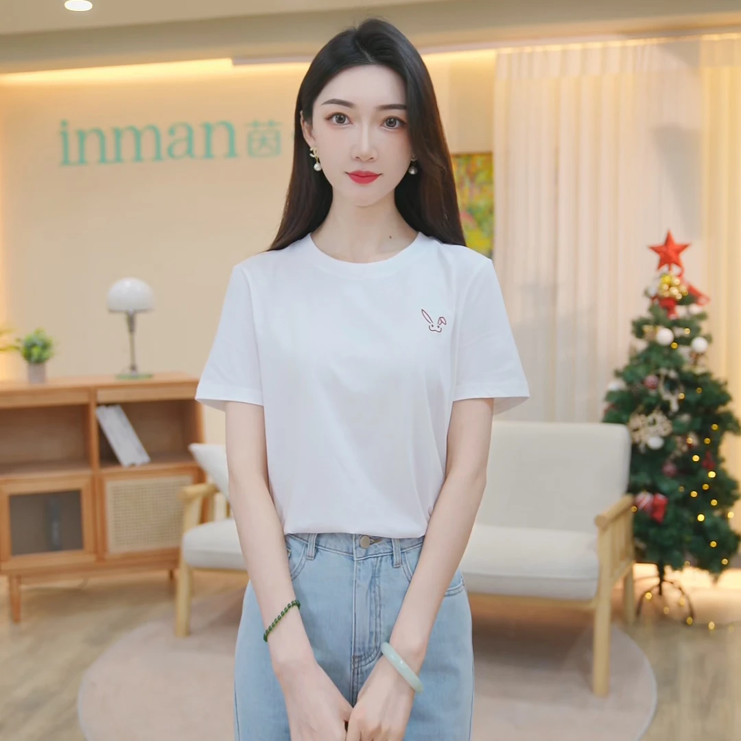 茵曼索罗纳凉感短袖T恤白色25春季新款女装小兔子绣花百搭休闲舒