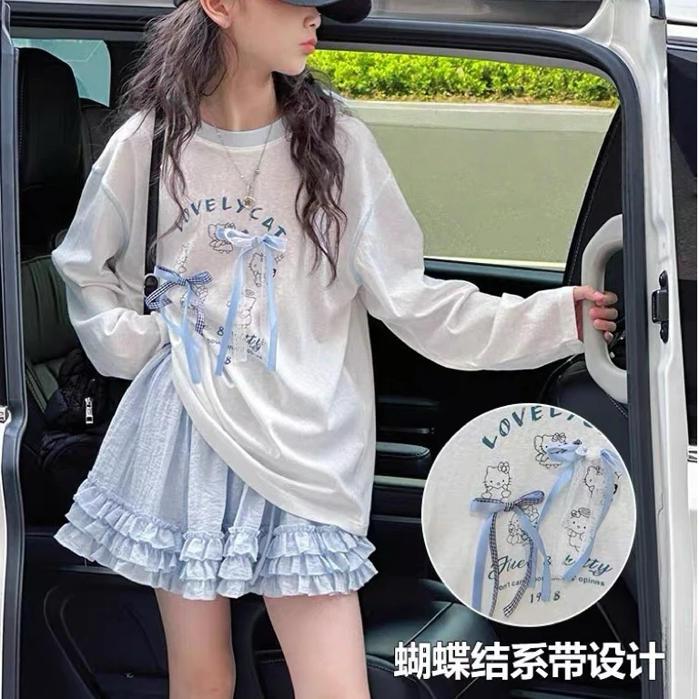 2025中大女童猫印花立体蝴蝶结防晒衫长袖T恤25211