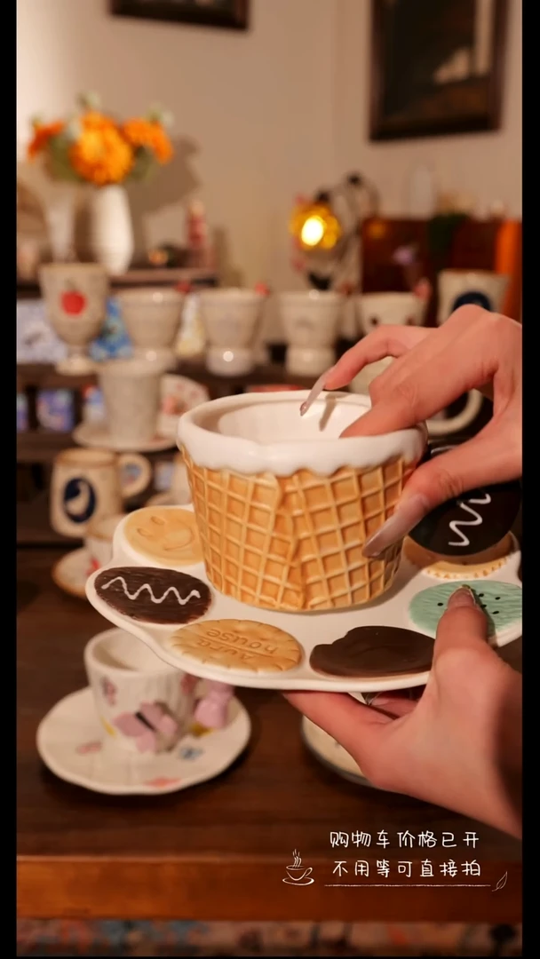 陶瓷便携款华夫饼杯垫手作  手绘釉下彩