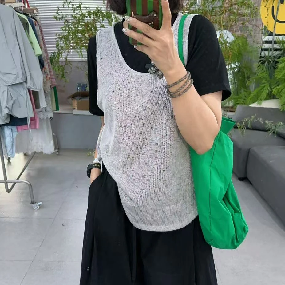 SISTERS【两件套】黑色T恤和外针织背心的短袖T恤【衣长67CM胸围56CM