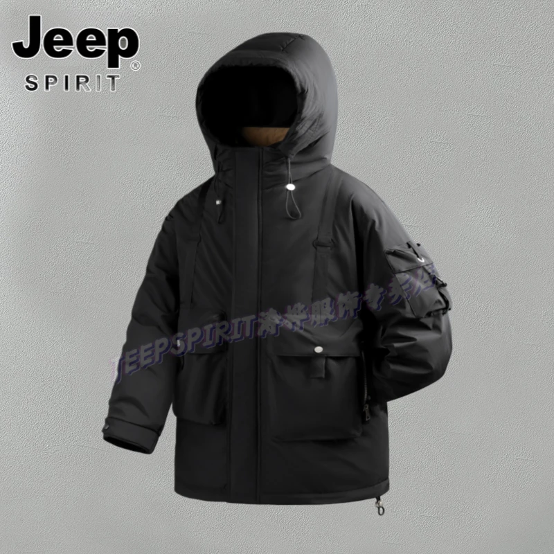 Jeep吉普秋冬季纯色羽绒服潮牌重磅男士开衫加厚保暖宽松连帽外套