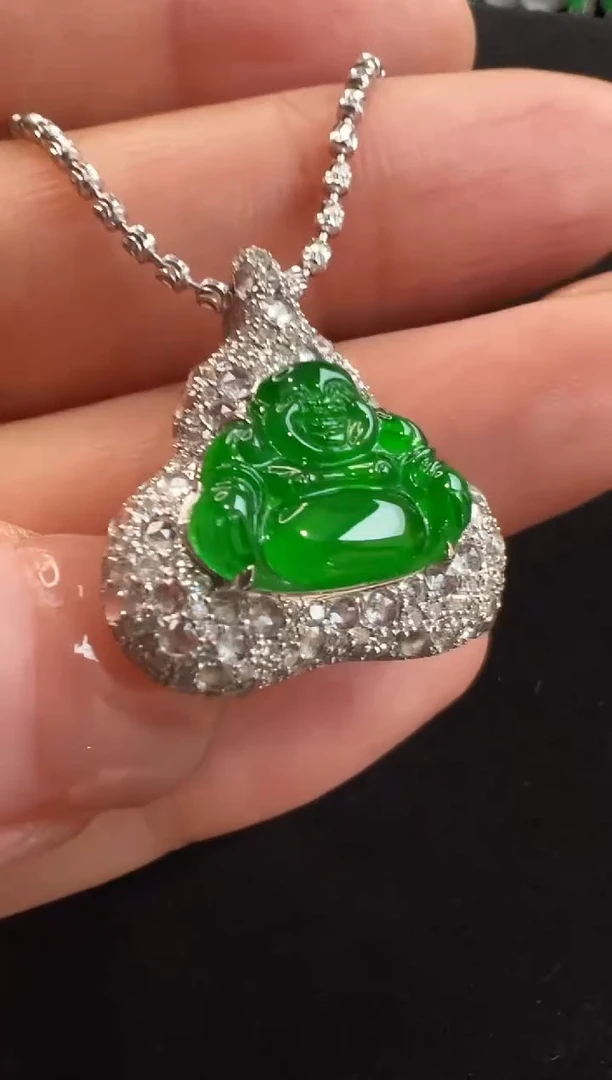 吊坠(不含链)18K金镶嵌翡翠玻璃种帝王绿佛公精品吊坠