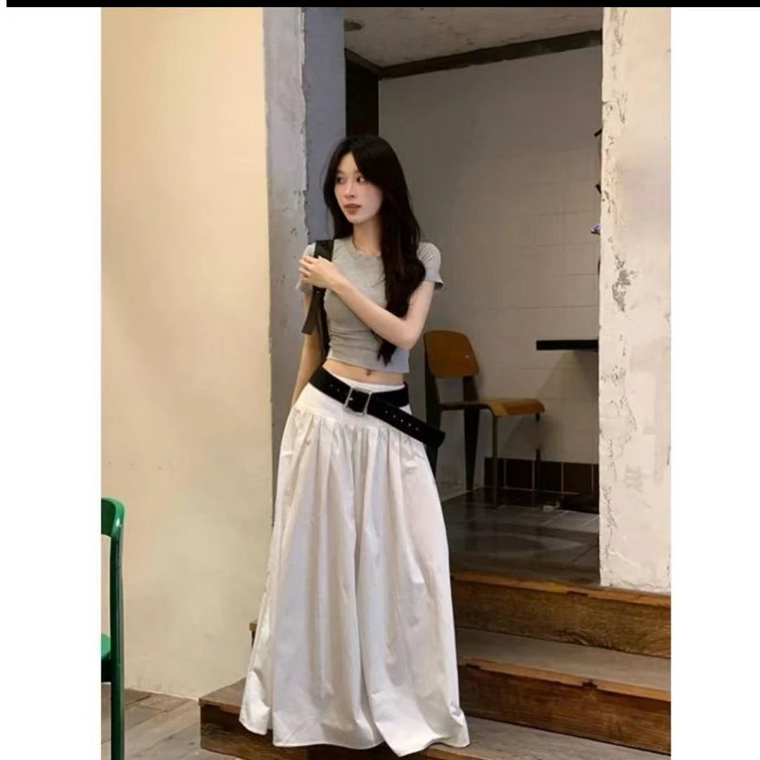 韩系辣妹慵懒风圆领短袖修身短款T恤女夏季高腰A字白色半身裙