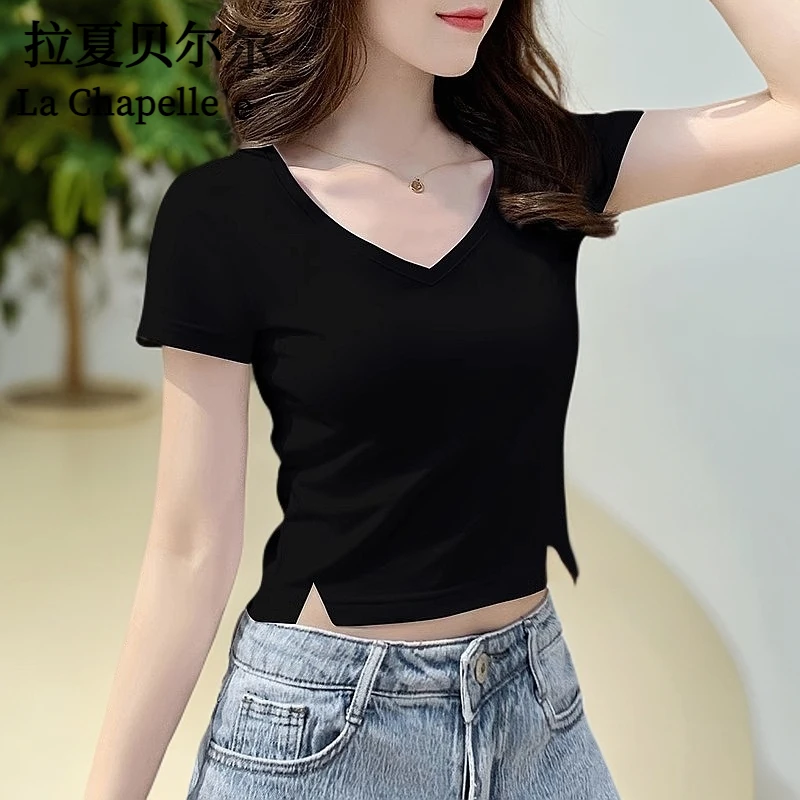 拉夏贝尔夏季黑色2显瘦修身女洋气新款开叉V领T恤小个子短款显瘦