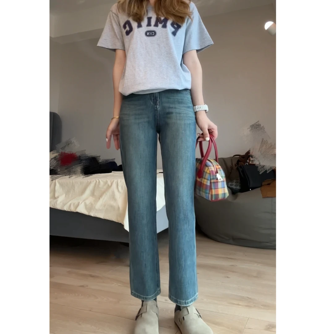 合苞春夏法棍裤女小个子百搭高腰显瘦弹力九分牛仔裤小直筒裤女