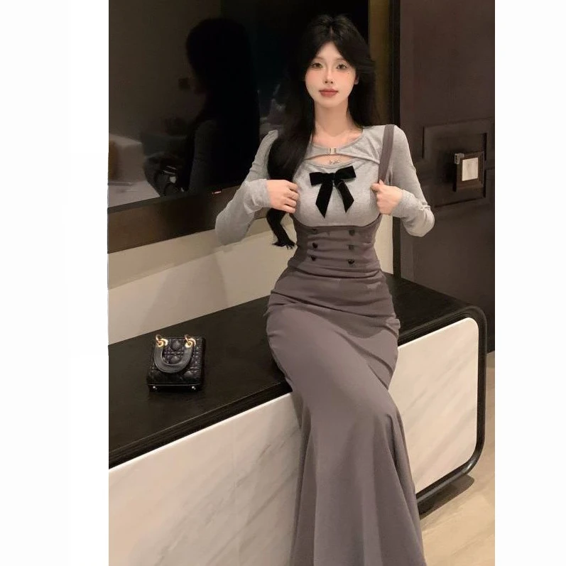 2025秋季赫本纯欲风辣妹背带连衣裙女新款裙子后妈裙收腰包臀鱼尾