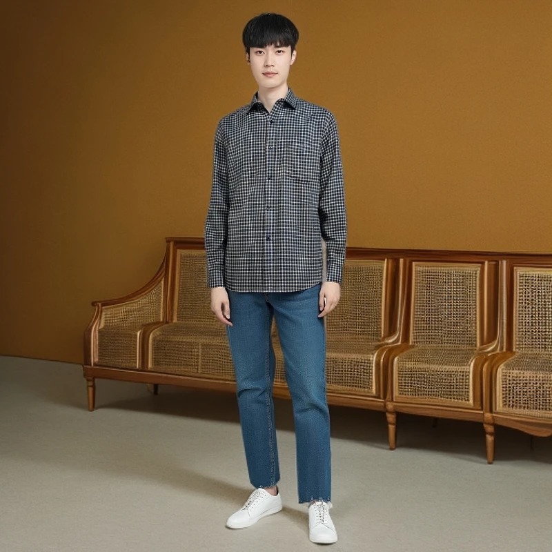 902 黄盒子 格子衬衣男款长袖时尚春秋宽松简约