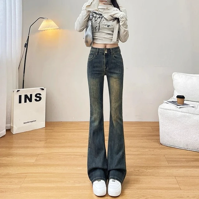 复古蓝小个子微喇牛仔裤女春秋季新款喇叭设计感修身显瘦马蹄裤子