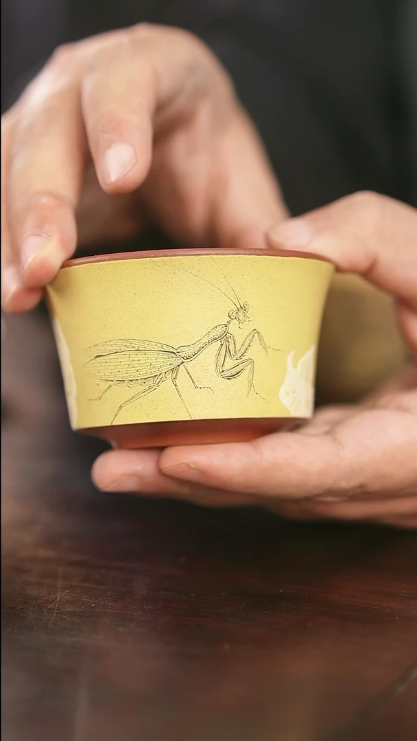 茶杯紫砂无忧泥绘刻绘主人杯螳螂