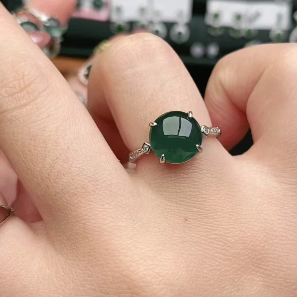 鑫辰珠宝天然A货翡翠银镶嵌设计款开口女戒指时尚百搭