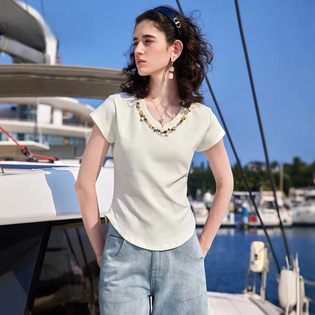 9139原单商场同款法式设计感气质时尚宽松休闲短袖T恤
