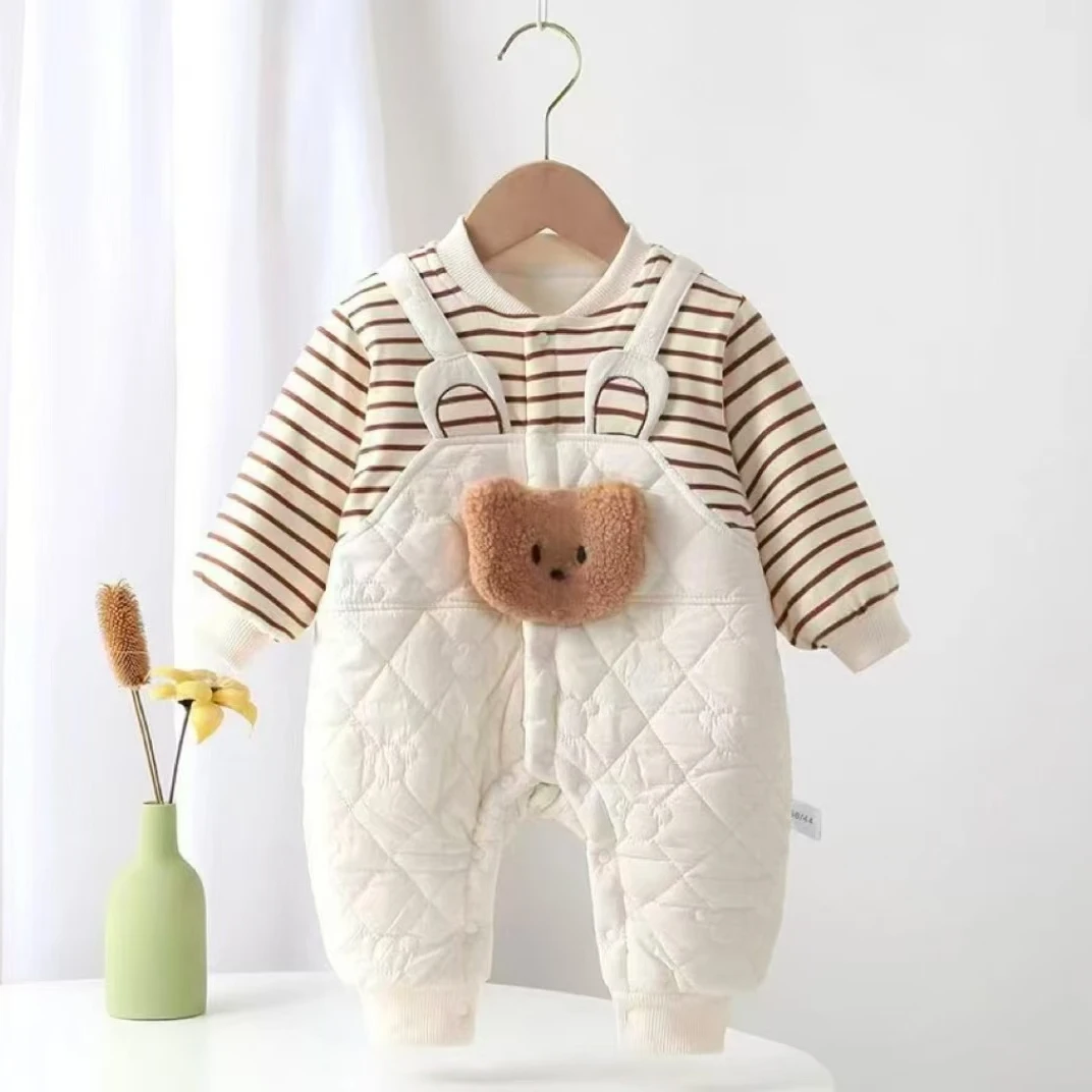 假两件小熊（薄棉）连体条纹拼接婴幼儿男女宝宝薄夹棉连体爬爬服