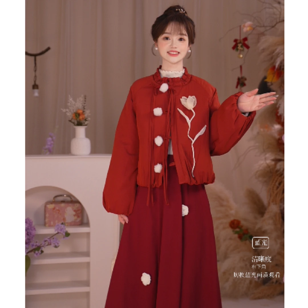 瑶西【红郁金香】冬季立体毛球郁金香厚外套宫墙红加绒半身纱裙套装