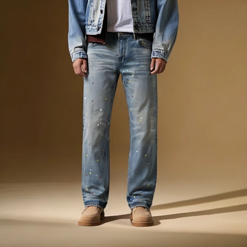 泼漆重工水洗丹宁风牛仔裤弯刀裤做旧秋季扎染水洗设计男女同款