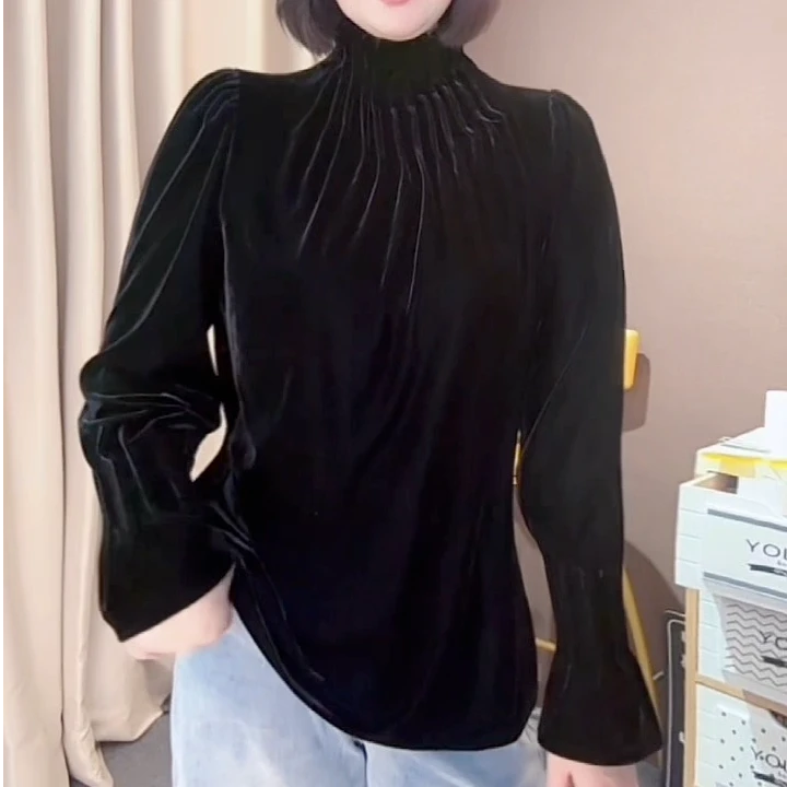 鑫姐时尚褶皱女装绒衫哥特风百搭欧式设计感高领高档丝绒长袖衫
