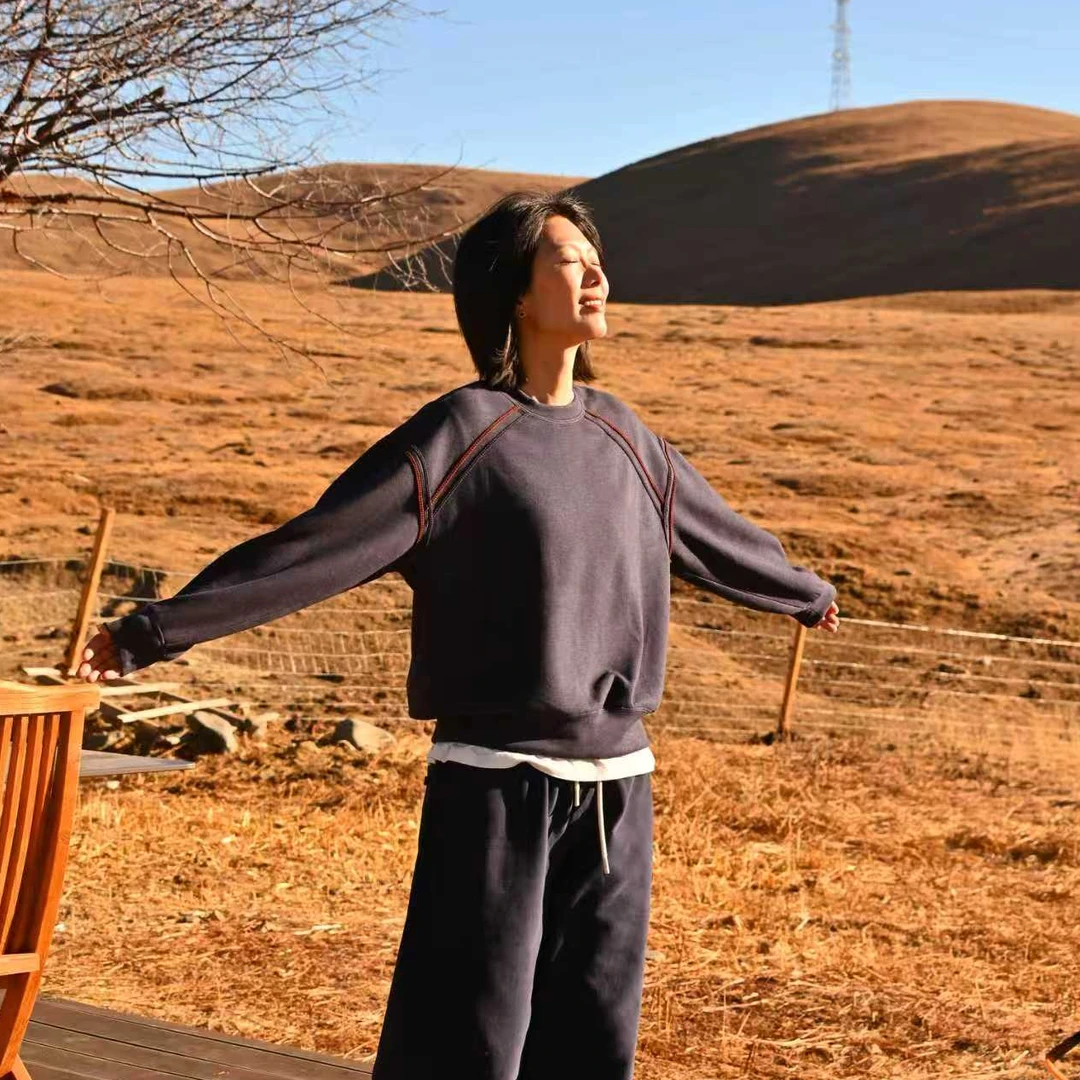 琴仔 酱紫色云朵羊绒混纺明线撞色设计加厚宽松圆领卫衣女 Z1287