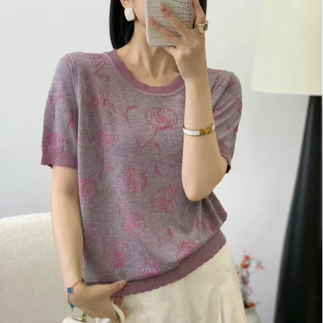 玫瑰圆领莱赛尔天丝夏季新款针织时尚精致百搭薄款短袖女款