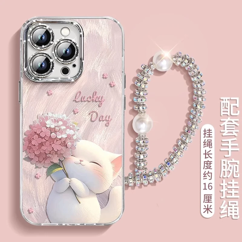 捧花猫咪适用苹果16promax手机壳新款彩绘iphone15闪粉羽纱保护套