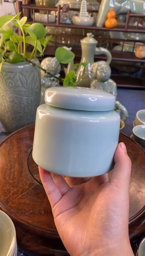 耀州窑瑕疵400ml天青釉茶叶罐【b000108】1只