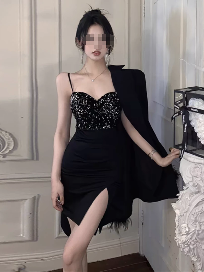 大码短裙高级感轻奢亮片御姐吊带礼服显瘦开叉包臀鱼尾连衣裙4493