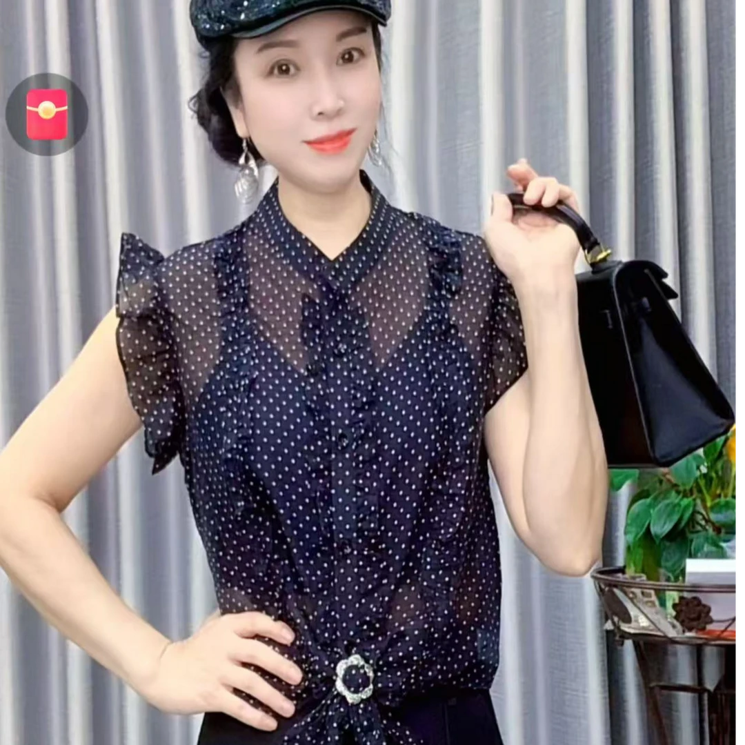 【懂你吴姐】2507新款无袖木耳边波点衬衫
