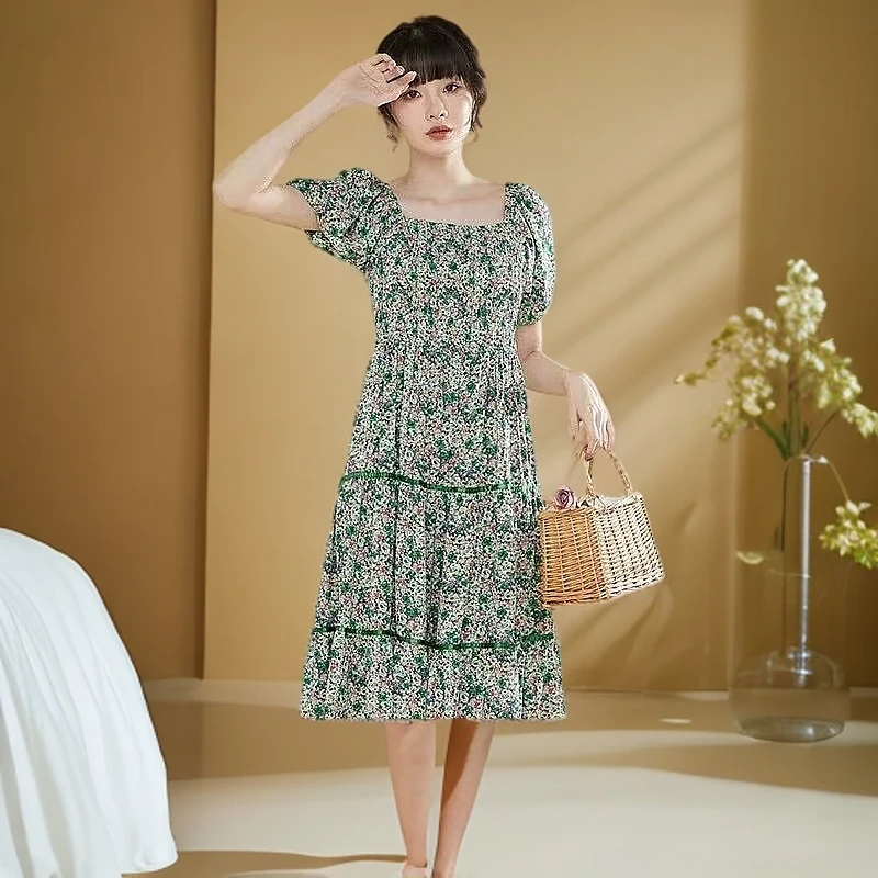 L2072款气质时尚夏季修身优雅显瘦印花碎花连衣裙