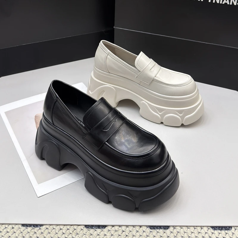 2383-12真皮爆款小皮鞋女复古厚底增高休闲松糕小皮鞋坡跟单鞋