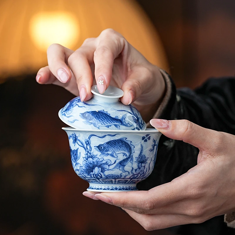 望月怀古 淡海水鱼藻元宝盖碗 WYHG058 纯手工中式家用喝茶饮茶