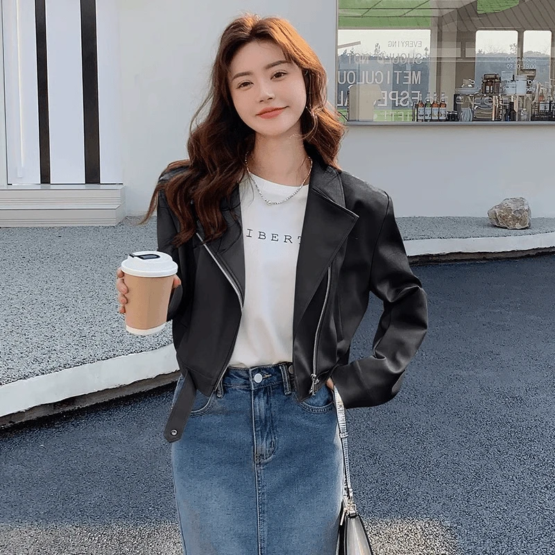 【新款推荐】2025春网红短款皮衣外套女装机车皮夹克百搭小个子短款