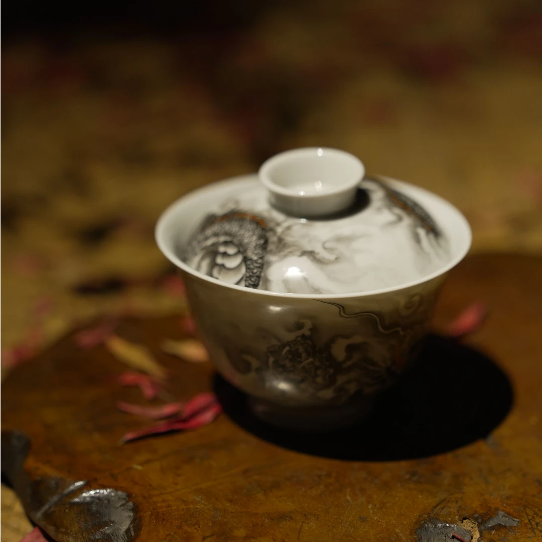 【三叙堂-天工柴窑】-墨龙盖碗-纯手绘柴烧