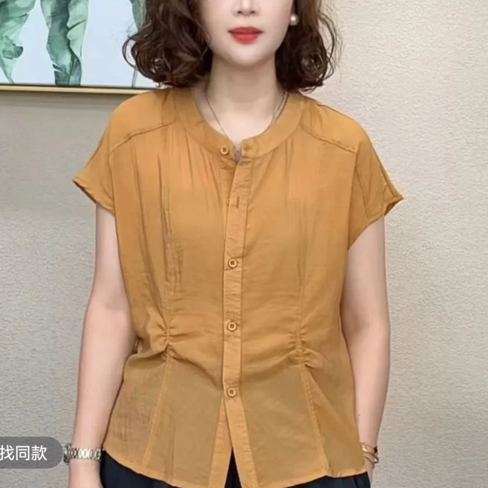 圆领薄款夏季短袖抗起球拼接短袖气质褶皱休闲显瘦