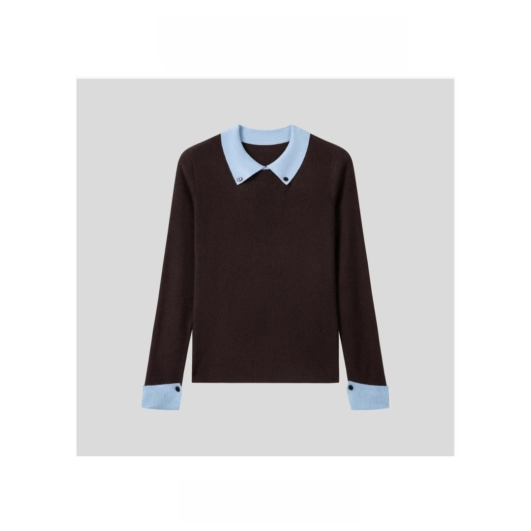 【精致个性】32.8%超细绵羊毛撞色翻领针织衫女打底毛衣秋冬拼接