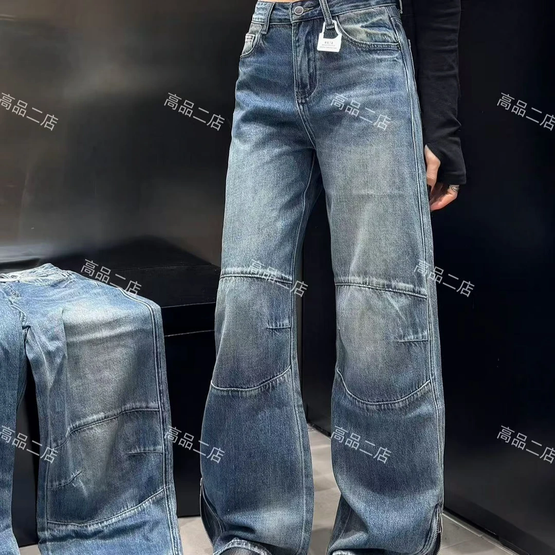 牛仔裤复古高街水洗设计师做旧美式宽松阔腿