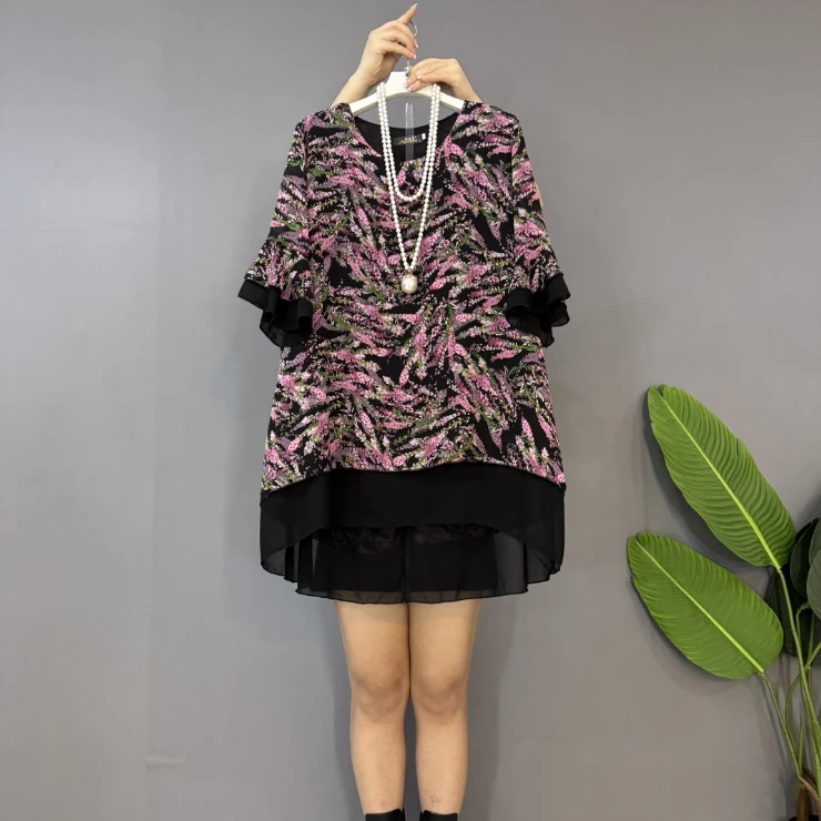 春夏新款大码女装时尚洋气宽松遮肉拼接大衫