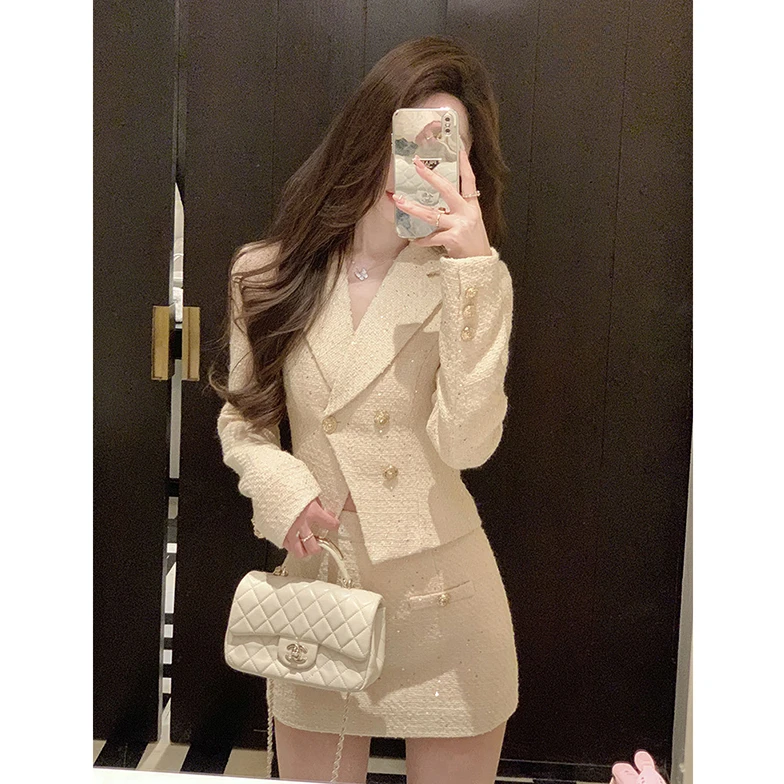 小香风西装套装裙女2025春秋新款收腰显瘦短外套上衣半身裙两件套