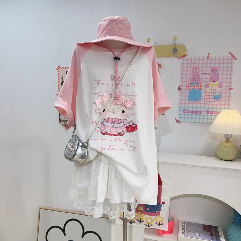 【钱呼呼】重工钉珠小花猫拼色甜美可爱圆领大版型短袖T恤女