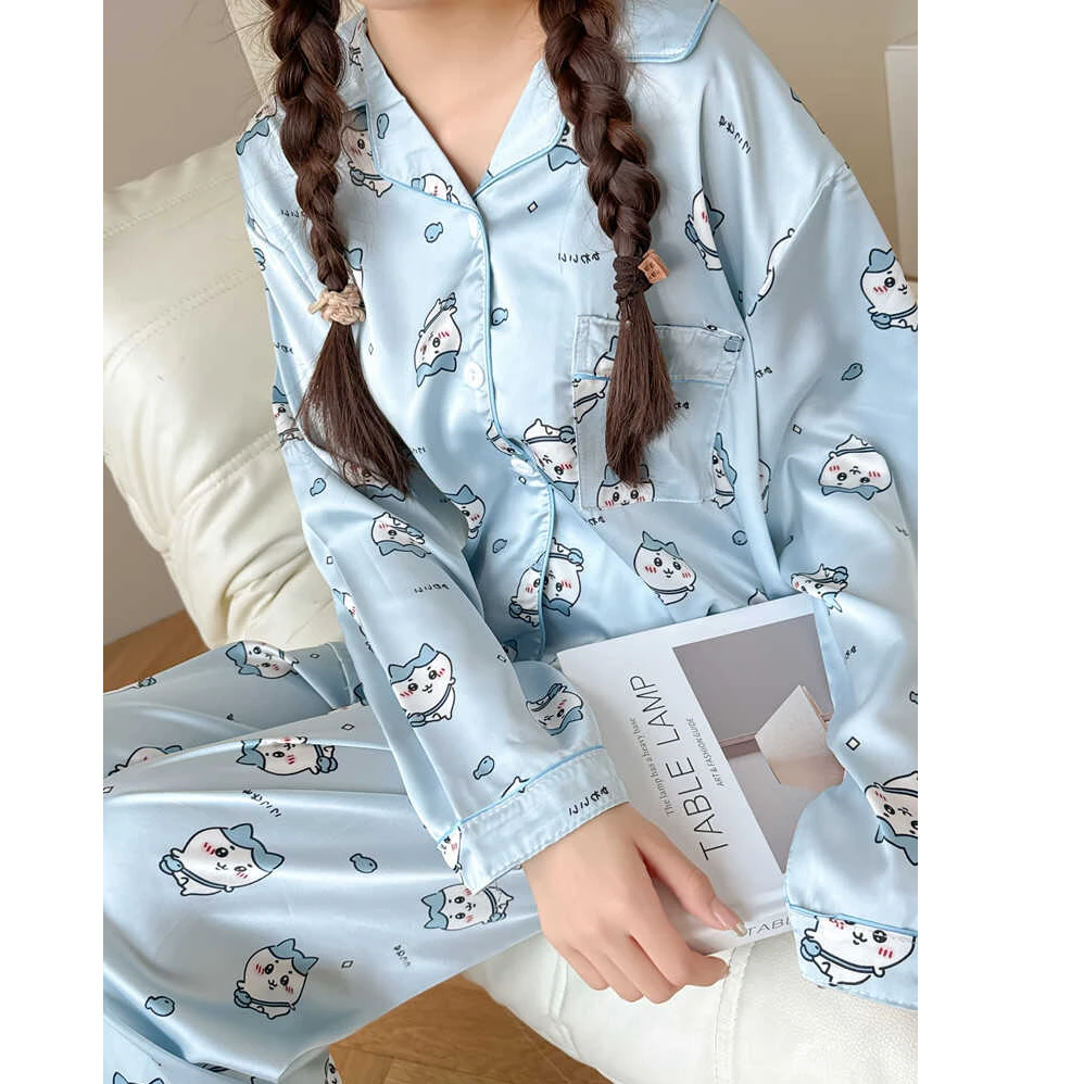 日系吉伊卡哇chiikawa睡衣女薄款冰丝长袖可爱小八大码家居服套装