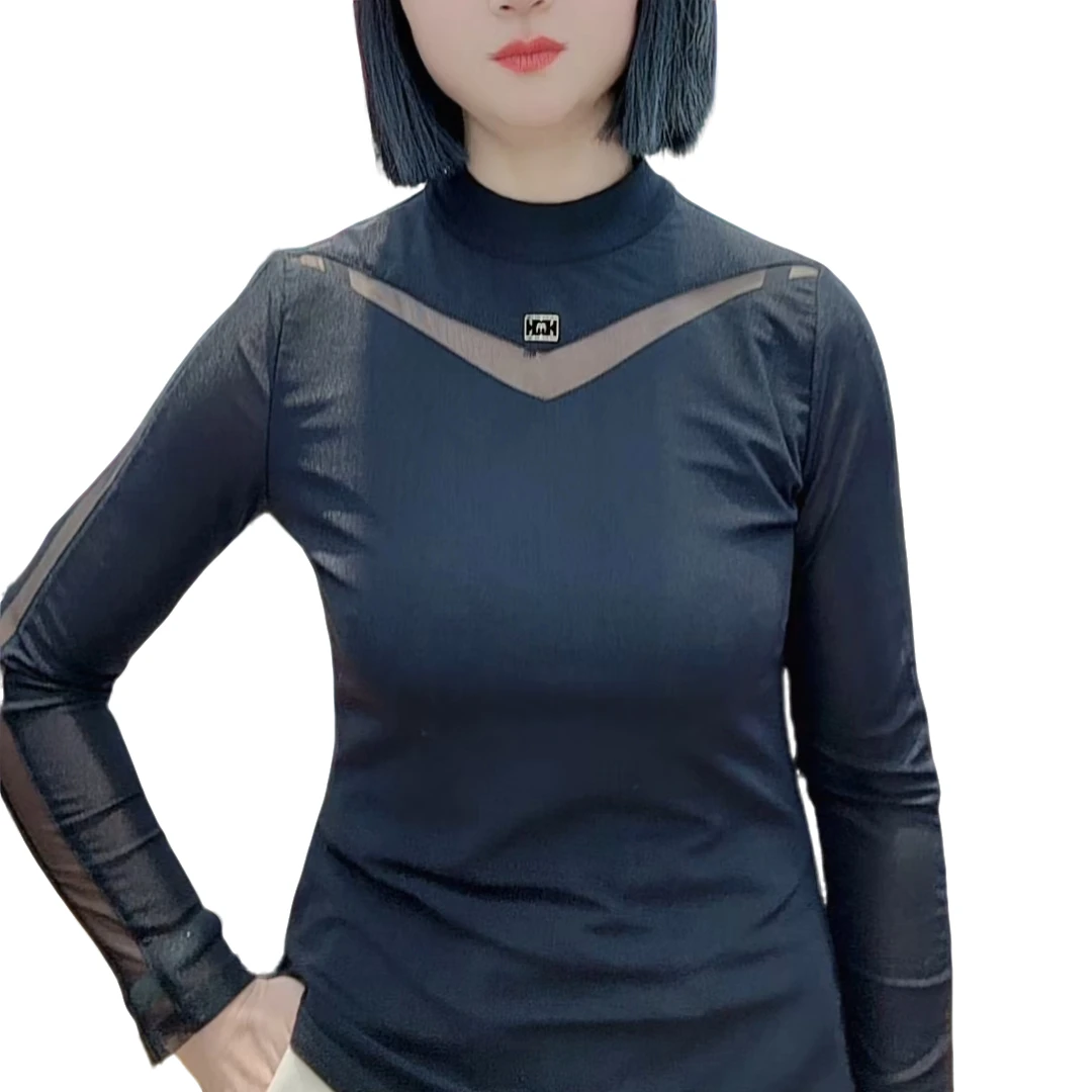 【洋玉服饰】2025春季长袖时尚洋气打底显瘦百搭网纱镂空打底小衫