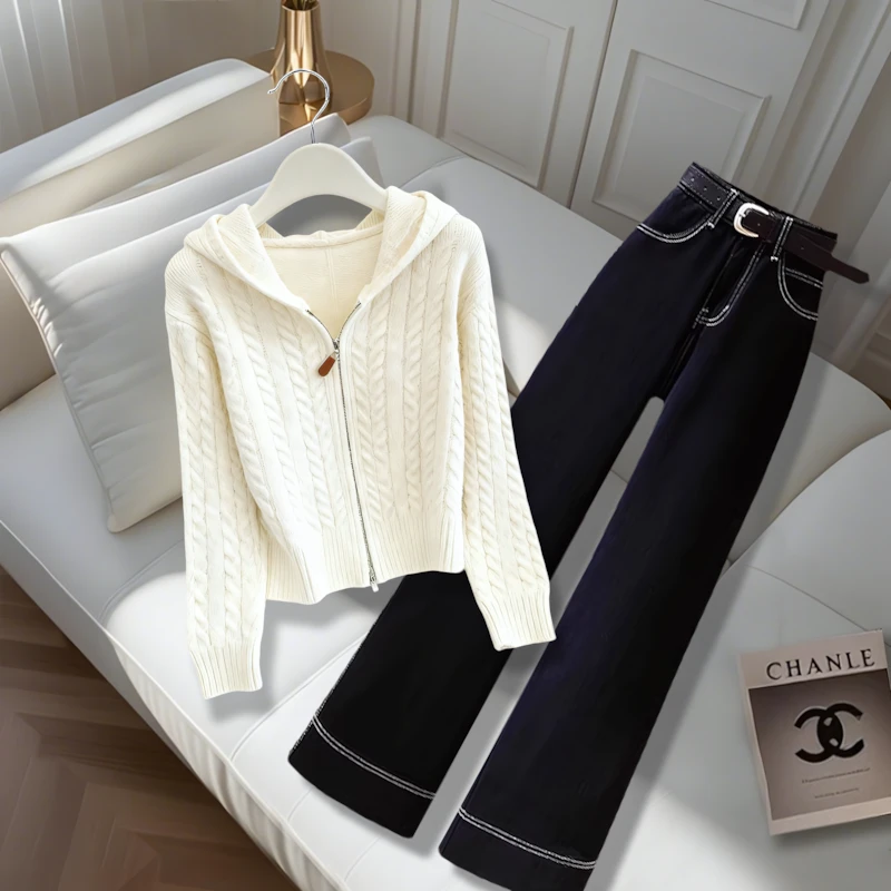 秋冬新款连帽针织衫毛衣女时尚百搭气质轻熟风上衣深色休闲裤套装