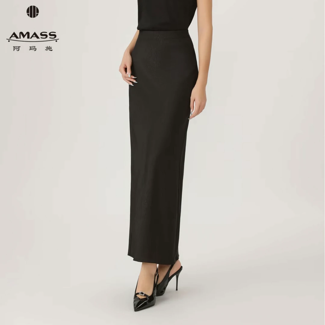 AMASS/阿玛施夏季百搭修身优雅中长裙侧边开叉时尚高腰半裙520026