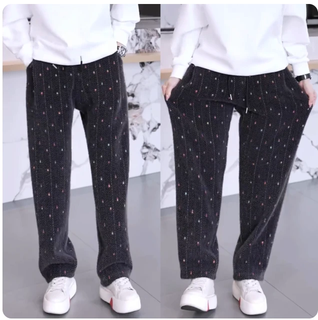 冬季新款马海毛宽松舒适潮流弯刀休闲裤刺绣彩点阔腿绒面加厚长款