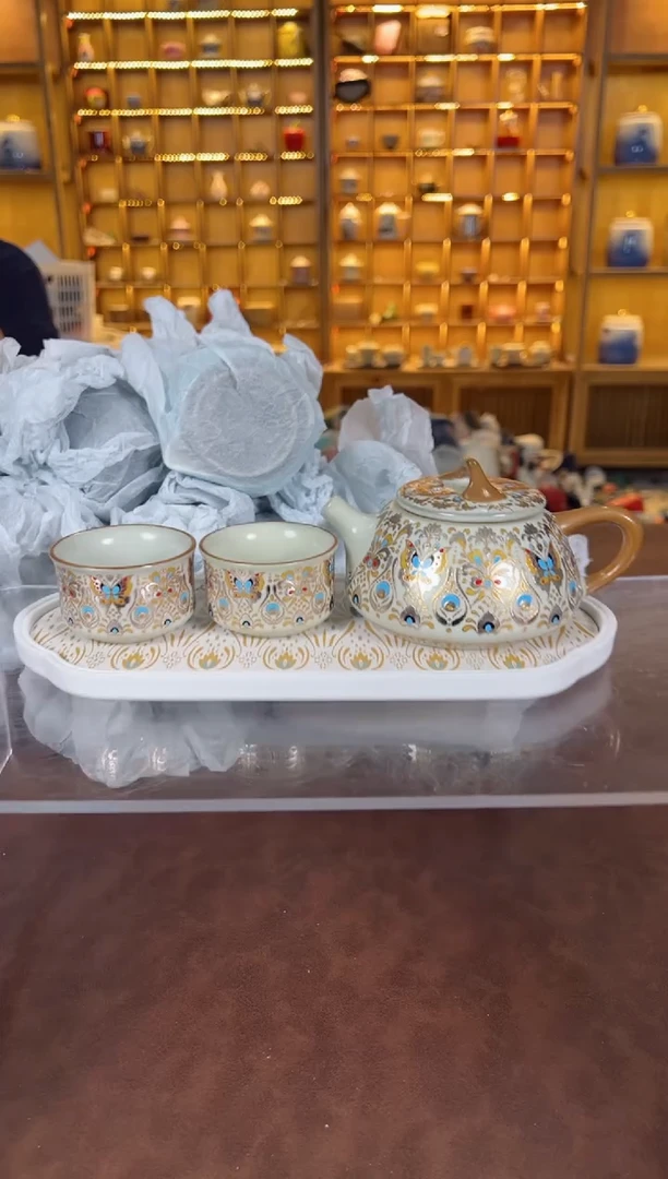 瓷片鸣盏居11111111金银错石瓢壶套组+茶盘