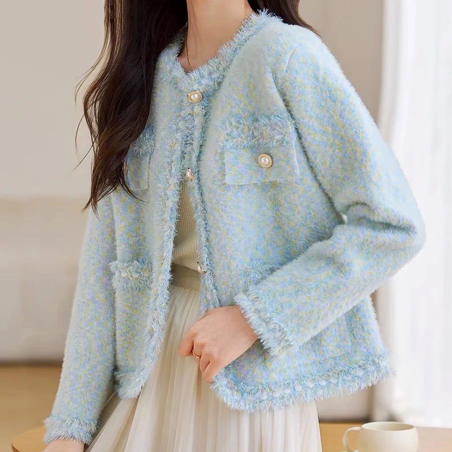 升级二代水蓝 早春圆领大流苏花边小香风外套女