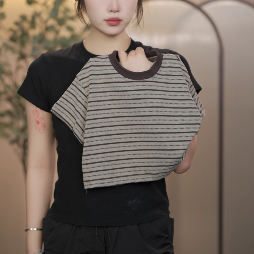 【现货48H】2025男童夏季时尚百搭洋气休闲宽松条纹复古圆领T桖