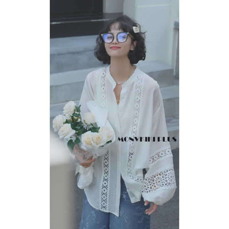 MoNvKiKiPlus2“悬溺2“大码微胖蕾丝镂空纯欲长袖衬衫上衣衬衣1167