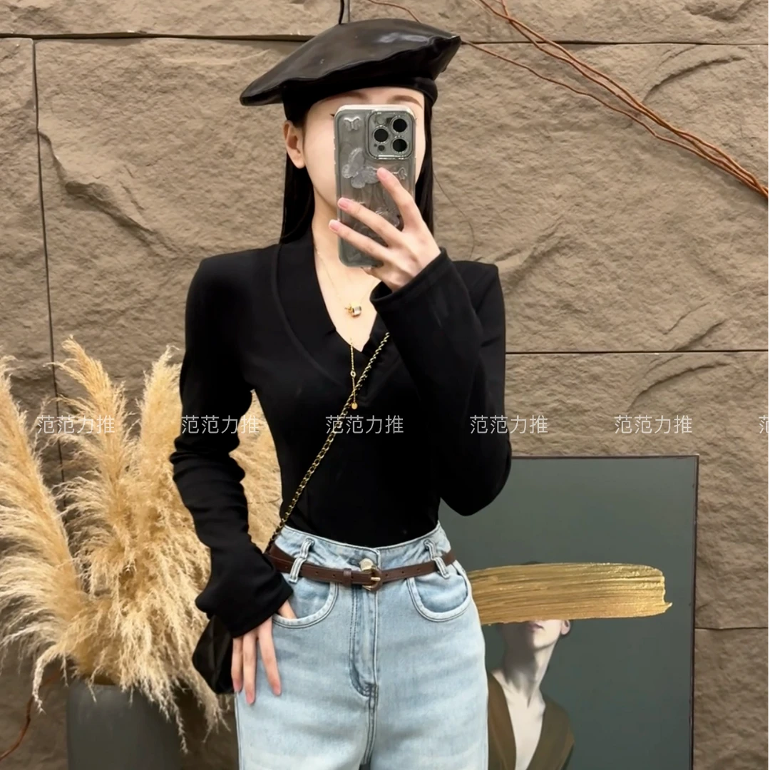 【范范力推】韩版V领轻奢气质辣妹修身显瘦百搭打底上衣打底衫