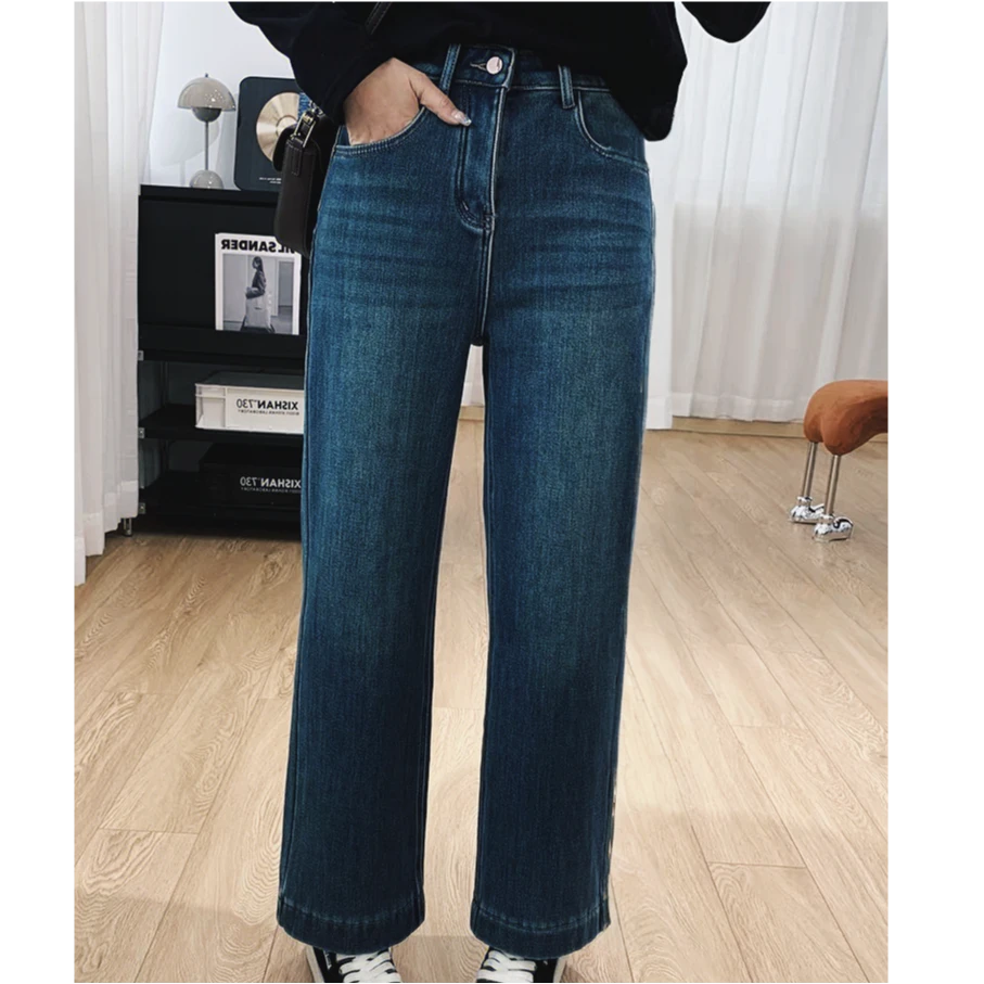 【静姐家】2169【厚绒】秋冬新款加厚绒女休闲百搭女直筒九分牛仔裤