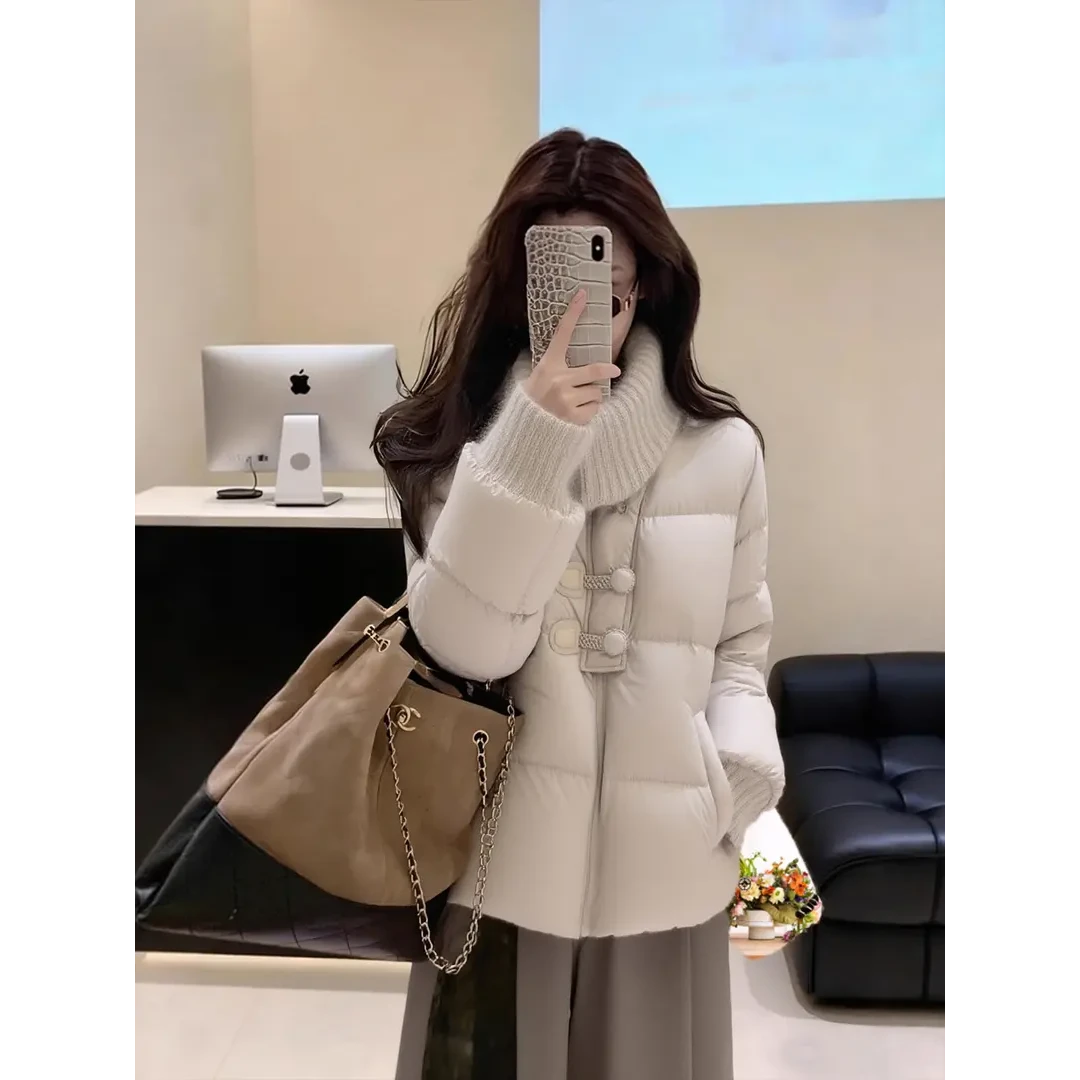 米色拼接针织翻领面包服女款冬装高级感减龄设计感气质超好看外套