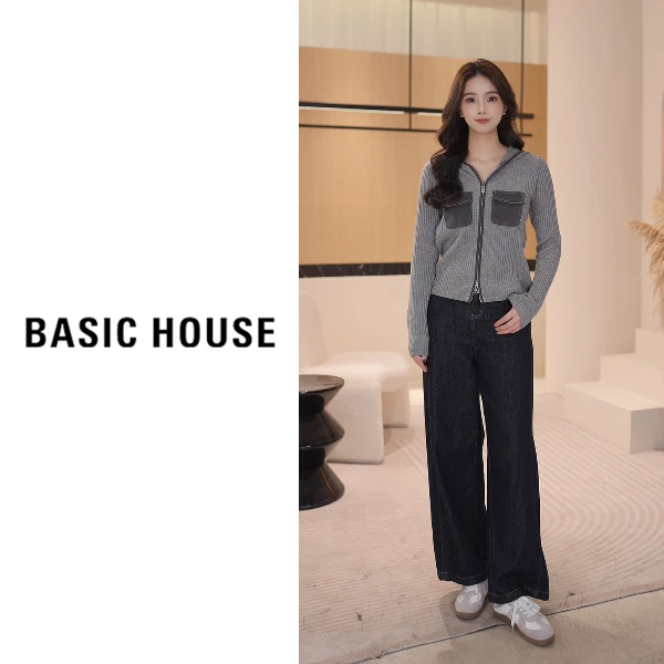 Basic House/百家好春冬季新款拉链连帽针织开衫B1195B5E642